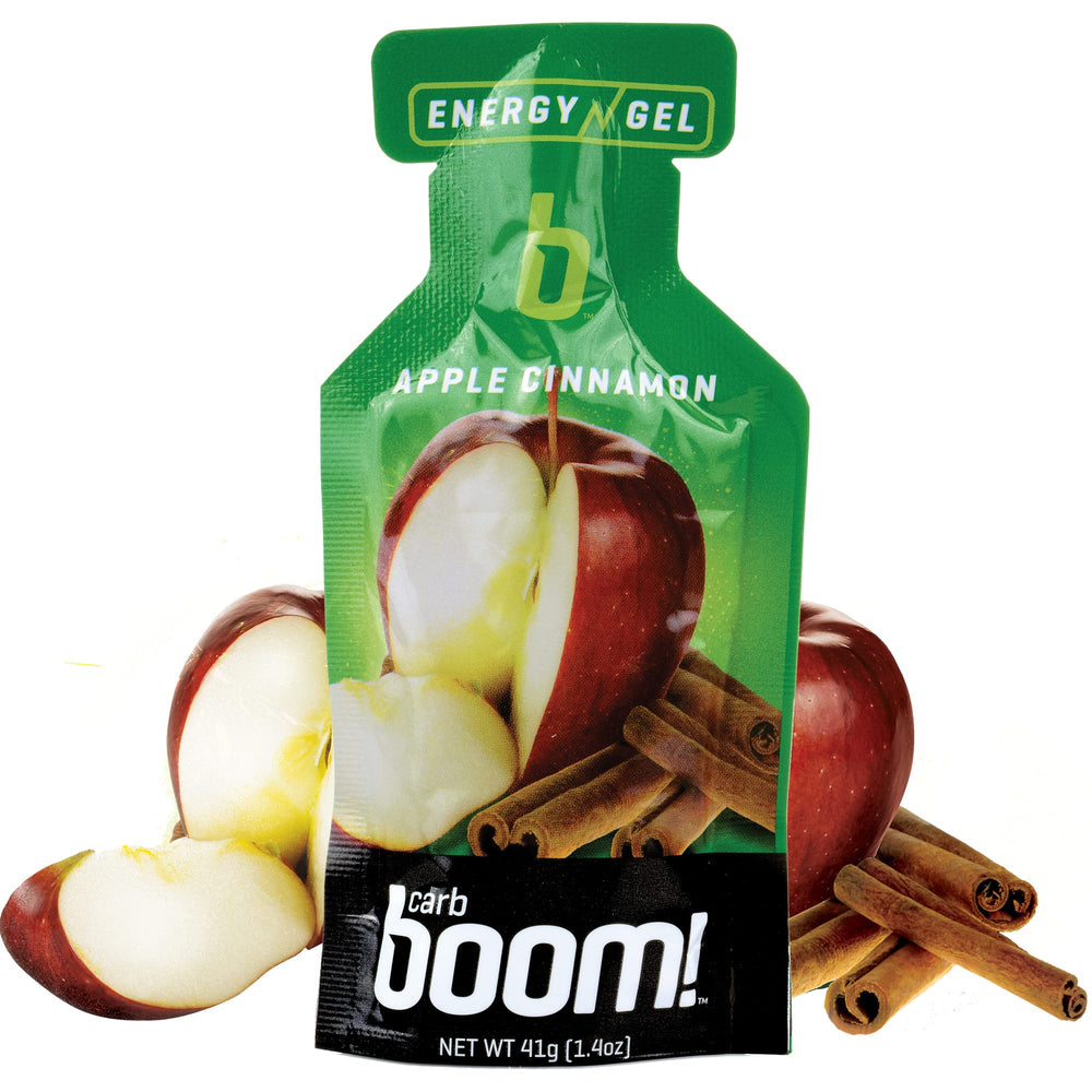 Carb Boom Energy Gel Apple Cinnamon front pack view for fast cycling fuel.