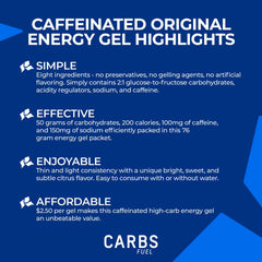 Carbs Fuel caffeinated original energy gel box front view for on-the-go fueling