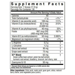 Cardio Defender berry flavor powder scoop shown beside a glass for daily energy.