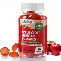 CareLeaf Apple Cider Vinegar Gummies bottle with label suggesting daily use for digestion support
