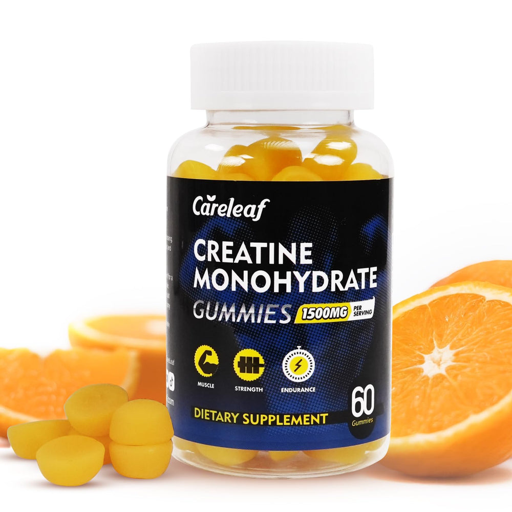 Careleaf Creatine Gummies orange bottle ready for daily strength support