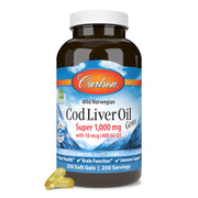 Carlson Cod Liver Oil Gems bottle on the counter for daily wellness.