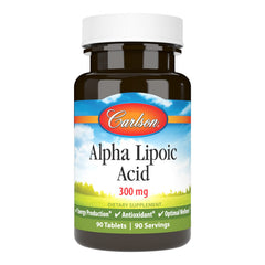 Carlson Alpha Lipoic Acid 300 mg bottle close-up shows potency label