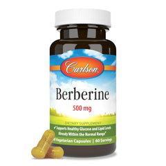 Carlson Berberine bottle with capsules highlighting plant-based lipid support