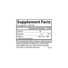 Carlson Cal-600 softgel closeup showing 600 mg calcium per capsule