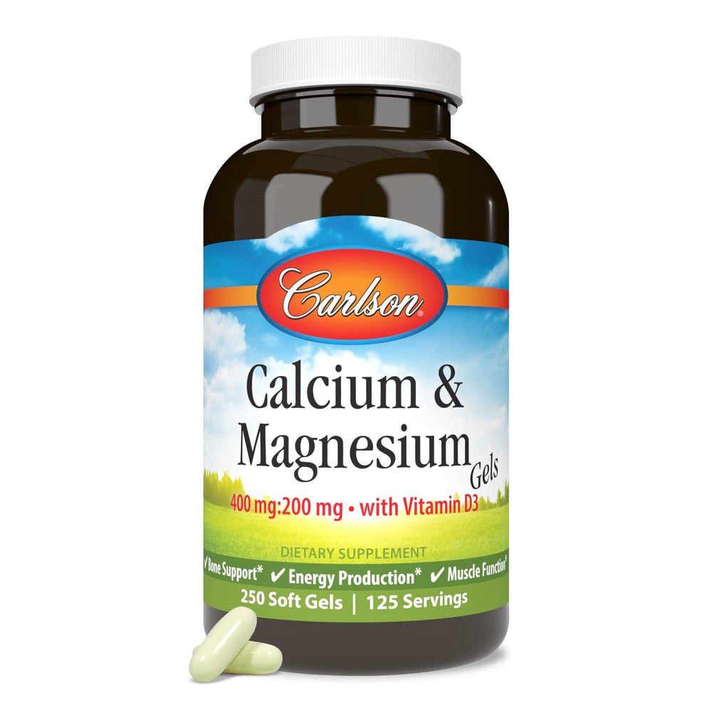 Carlson Calcium & Magnesium Gels bottle front view highlighting 2:1 ratio for bone support