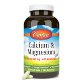 Carlson Calcium & Magnesium Gels bottle front view highlighting 2:1 ratio for bone support