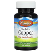 Carlson chelated copper 5 mg tablets bottle, promoting absorption and daily immune support.