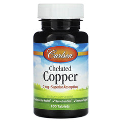 Carlson chelated copper 5 mg tablets bottle, promoting absorption and daily immune support.