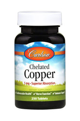 Carlson Chelated Copper 5 mg bottle shown with capsules for daily wellness.