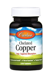 Carlson Chelated Copper 5 mg bottle shown with capsules for daily wellness.