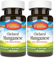 Carlson chelated manganese 20 mg bottle front displays branding and dosage clarity.