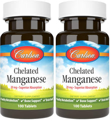 Carlson chelated manganese 20 mg bottle front displays branding and dosage clarity.