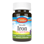 Carlson chewable iron 27 mg grape tablets in bottle, supporting healthy blood levels.