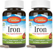 Carlson Chewable Iron 30 mg tablets in strawberry flavor for daily blood health support.