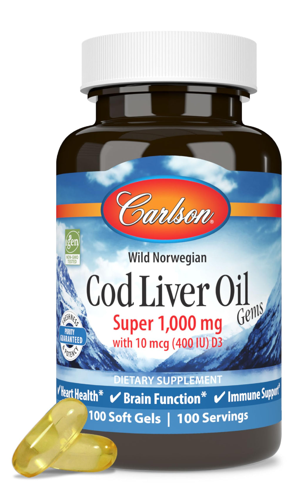 Carlson cod liver oil bottle on countertop highlighting omega-3 support