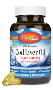 Carlson cod liver oil bottle on countertop highlighting omega-3 support