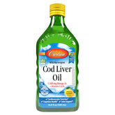 Carlson cod liver oil bottle with lemon flavor for daily omega-3 intake.