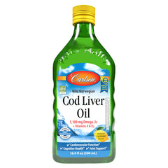 Carlson cod liver oil bottle with lemon flavor for daily omega-3 intake.