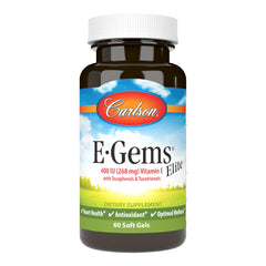 Carlson E-Gems Elite bottle front showing 60 soft gels for antioxidant support.