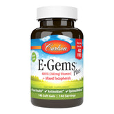 Carlson E-Gems Plus bottle front shows natural vitamin E for wellness.