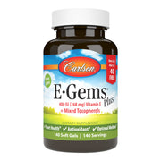 Carlson E-Gems Plus bottle front shows natural vitamin E for wellness.