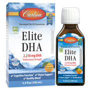 Carlson Elite DHA orange bottle with pour spout, emphasizing easy daily DHA intake.