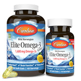 Carlson Elite Omega-3 Gems bottle front, convenient daily softgel supplement.
