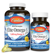 Carlson Elite Omega-3 Gems bottle front, convenient daily softgel supplement.