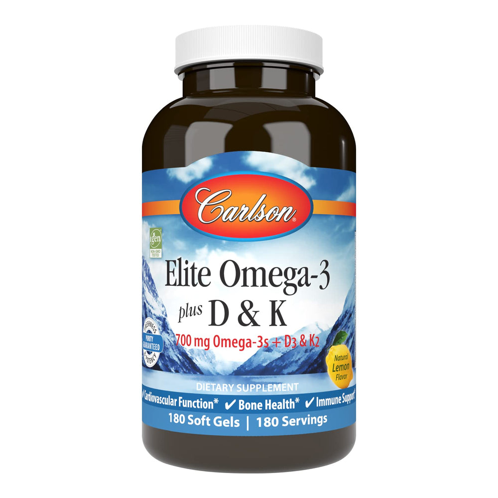 Carlson Elite Omega-3 Plus D & K lemon bottle for daily omega-3 intake with bone health support