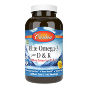 Carlson Elite Omega-3 Plus D & K lemon bottle for daily omega-3 intake with bone health support