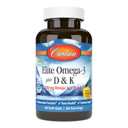 Carlson Elite Omega-3 Plus D & K lemon softgels front view supports daily bone and immune health.
