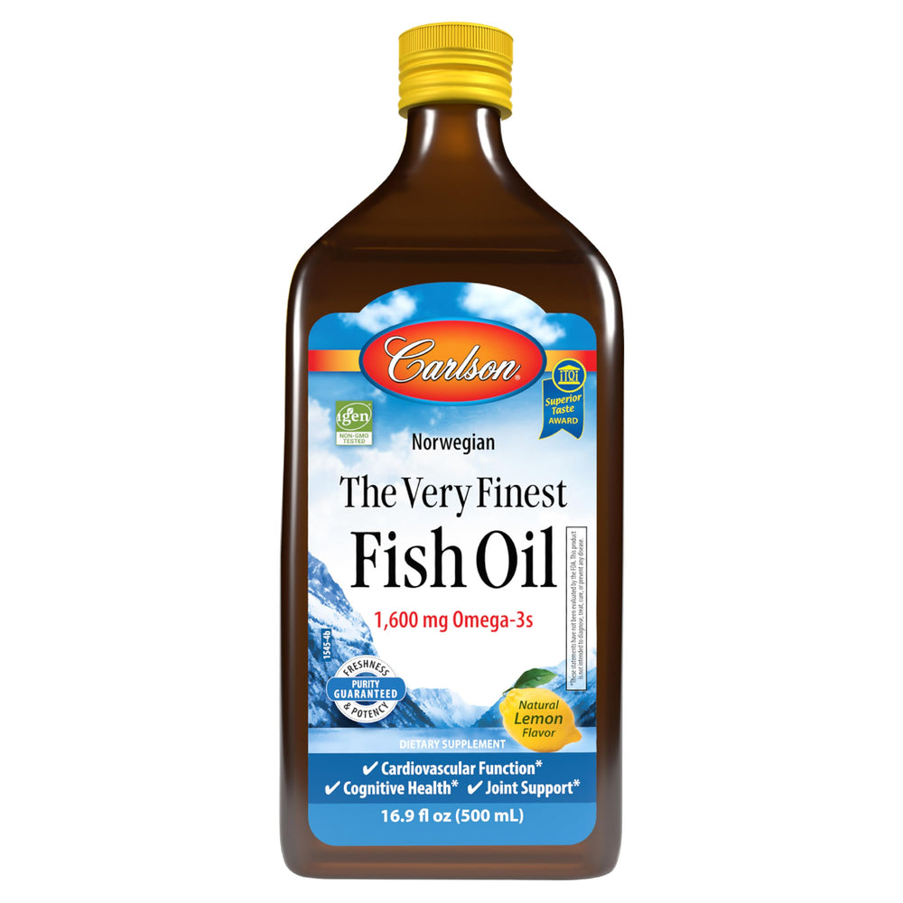 Carlson fish oil lemon bottle front view highlighting purity