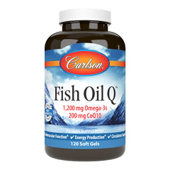 Carlson Fish Oil Q bottle on counter supports daily energy production.
