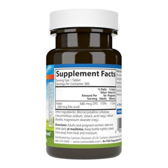 Carlson folic acid 400mcg tablets closeup reveals dose details for easy use.