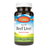 Carlson grass-fed beef liver capsules bottle for daily energy support.
