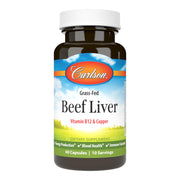 Carlson grass-fed beef liver capsules bottle for daily energy support.