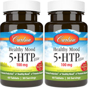 Carlson Healthy Mood 5-HTP Elite bottle front, raspberry chewables for daily mood support.