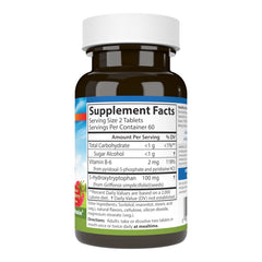 Close-up of Carlson 5-HTP Elite tablets highlighting raspberry flavor