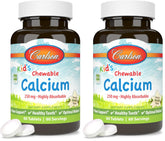 Carlson Kids chewable calcium 250 mg vanilla pack-2 is shown with per-pack servings for growing bones.