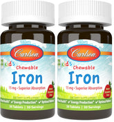 Carlson Kids Chewable Iron strawberry flavor bottle—easy daily iron for active kids.