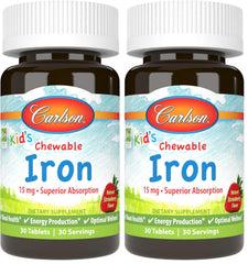 Carlson Kids Chewable Iron strawberry flavor bottle—easy daily iron for active kids.