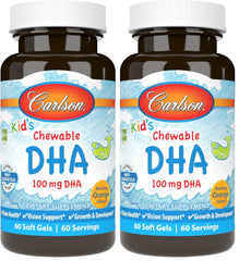 Carlson Kid's DHA orange chewable bottle supports brain and vision.