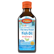 Carlson Kids Fish Oil orange bottle offers tasty flavor for daily omega-3 intake.