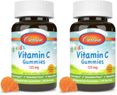 Carlson Kids Vitamin C Gummies bottle close-up shows tangy orange flavor for daily immune support.