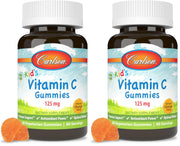 Carlson Kids Vitamin C Gummies bottle close-up shows tangy orange flavor for daily immune support.
