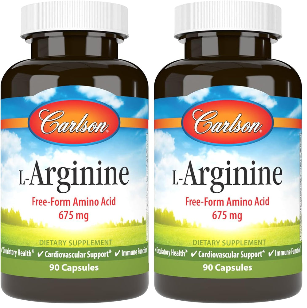 Carlson L-Arginine 675 mg capsules bottle potentially supports healthy circulation.