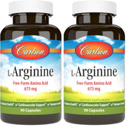 Carlson L-Arginine 675 mg capsules bottle potentially supports healthy circulation.