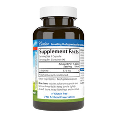 Carlson L-Arginine capsules closeup showing dosage and easy-to-swallow design.