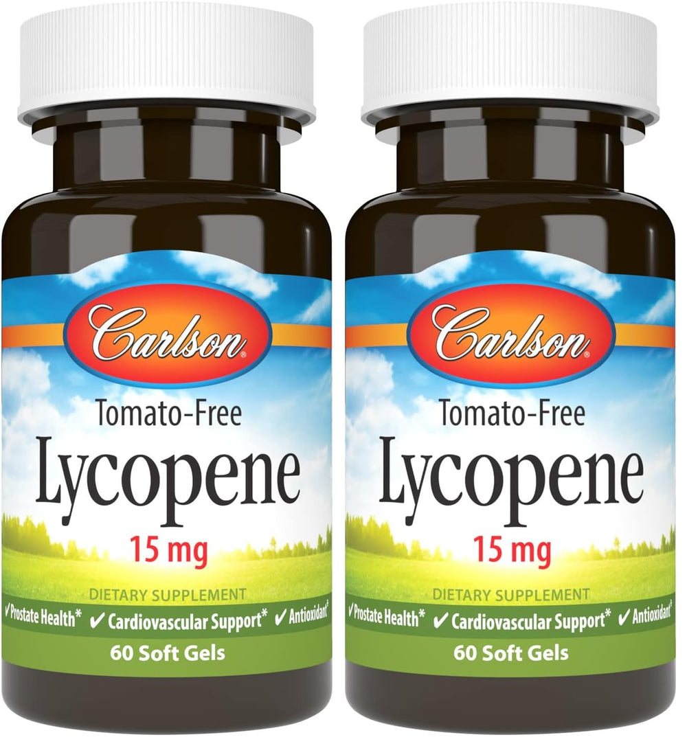 Carlson Lycopene 15 mg tomato-free bottle front, highlighting tomato-free formula for wellness